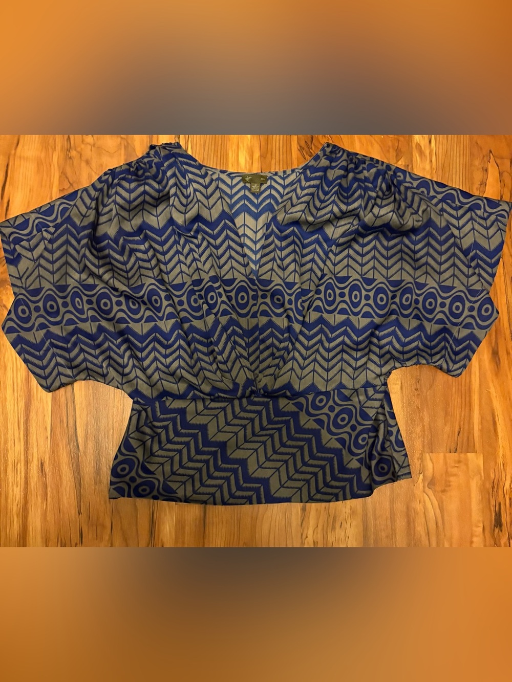 Anthropologie FEI Short Sleeve Blue and Gray V-Neck Blouse